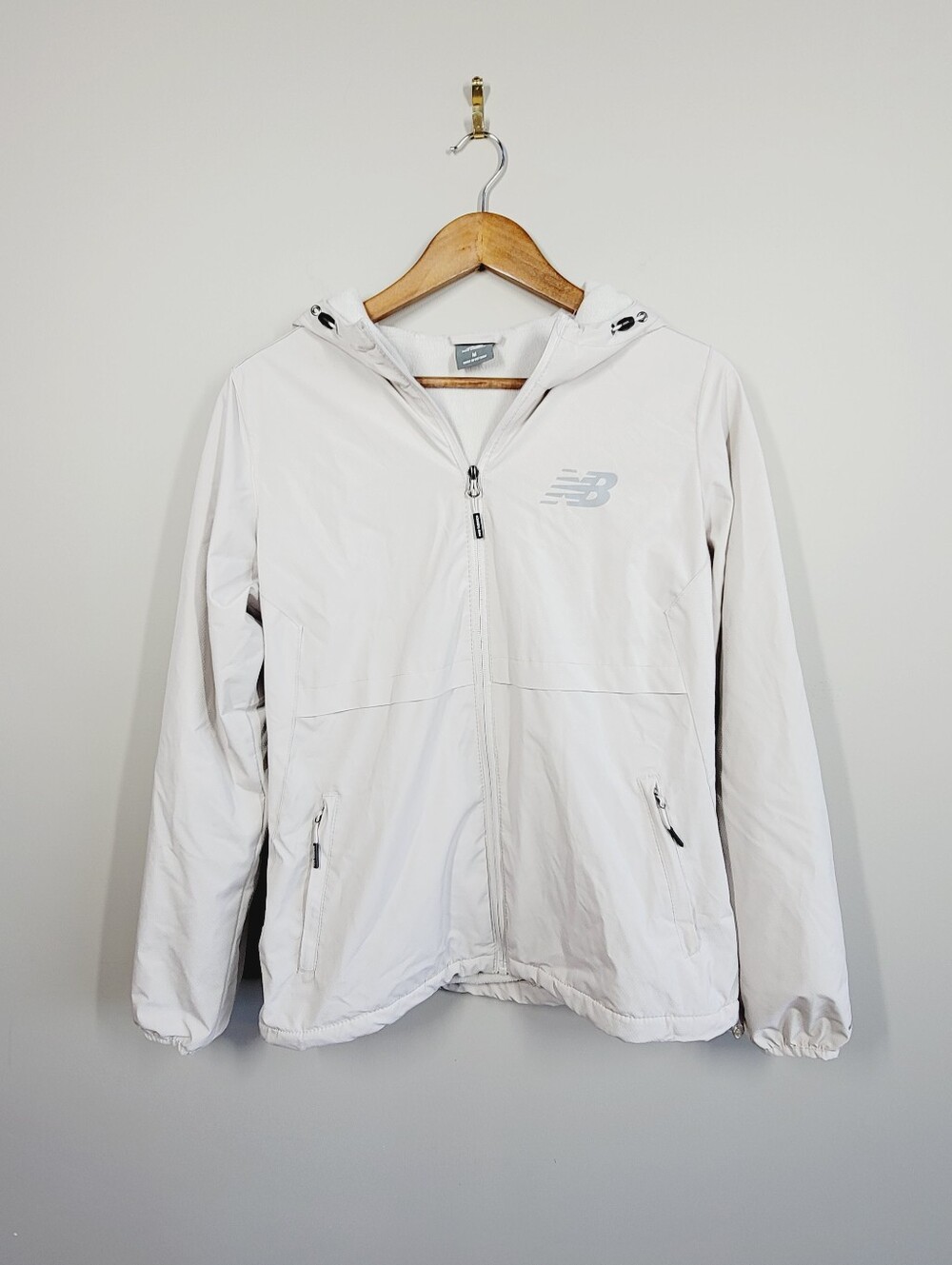 New Balance Light Gray Hooded Windbreaker Jacket, Size Medium